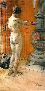 Carl Larsson leontine staende , naken rygg- naken flicka framfor kamin- framfor kaminen Spain oil painting artist